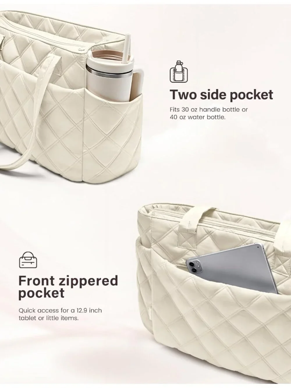 👜Women's Beige Puffer Tote Bags Lightweight Quilted Work For Travel